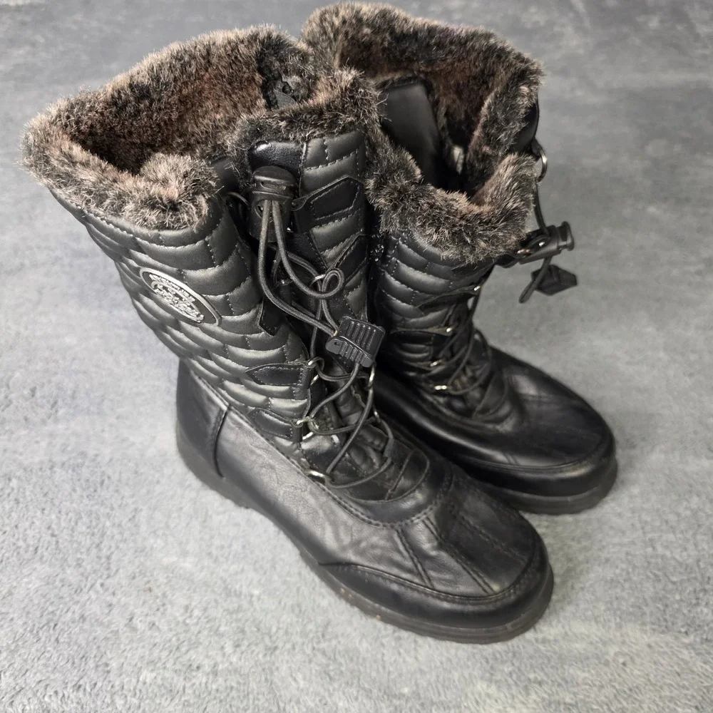 Totes Womens 5.5 Ember Snow Boots Black Quilted Faux Fur Lined Zipper Bungee